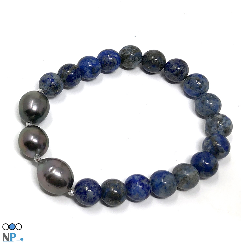 Bracelet sur élastique avec Perles de Tahiti baroques et Pierres Fines  Lapis Lazuli et billes en Or à facette 18 K
